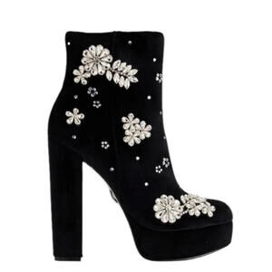 New Express 7 Rhinestone Embellished Platform Heeled Ankle Boots Black Velvet